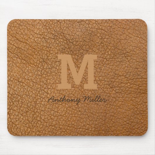 Monogram Rustic Brown Leather Name Script Modern Mousepad (Vorne)