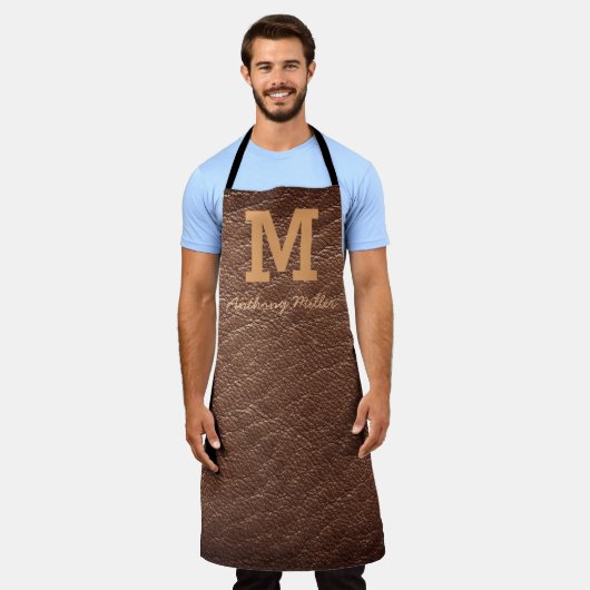 Monogram Rustic Brown Leather Name Script Modern Schürze (Getragen)