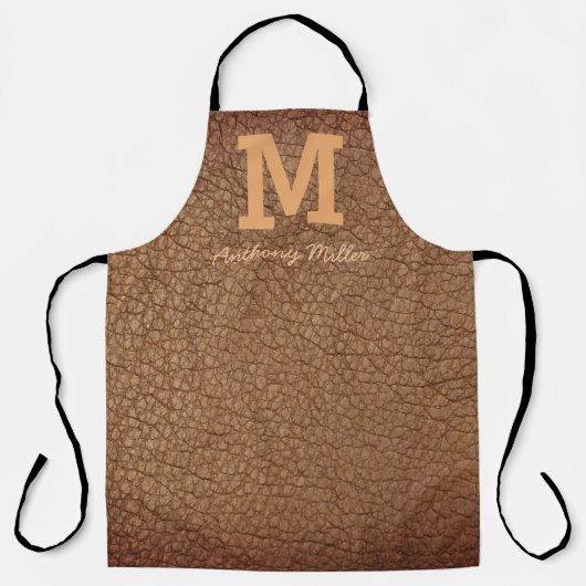 Monogram Rustic Brown Leather Name Script Modern Schürze (Vorderseite)