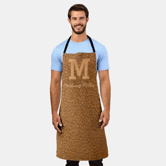 Monogram Rustic Brown Leather Name Script Modern Schürze (Getragen)