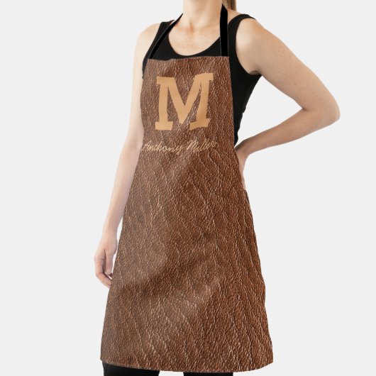 Monogram Rustic Brown Leather Name Script Modern Schürze (InSitu)