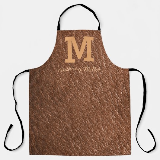 Monogram Rustic Brown Leather Name Script Modern Schürze (Vorderseite)