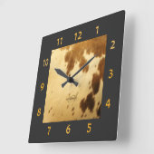 Monogram Rustic Chic Brown Beige Cowhide Fur Print Quadratische Wanduhr (Winkel)