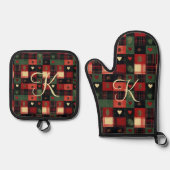 Monogram Rustic Country Red Green Kariert Hearts Ofenhandschuh & Topflappen-Set (Vorderseite)