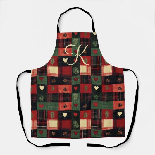 Monogram Rustic Country Red Green Kariert Hearts Schürze (Vorderseite)