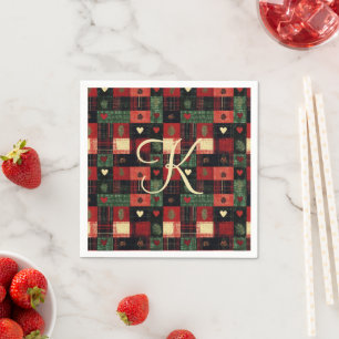 Monogram Rustic Country Red Green Kariert Hearts Serviette