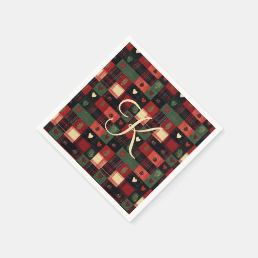 Monogram Rustic Country Red Green Kariert Hearts Serviette (Ecke)