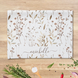 Monogram Rustic Elegant Brown Wildblumen Blätter Geschirrtuch