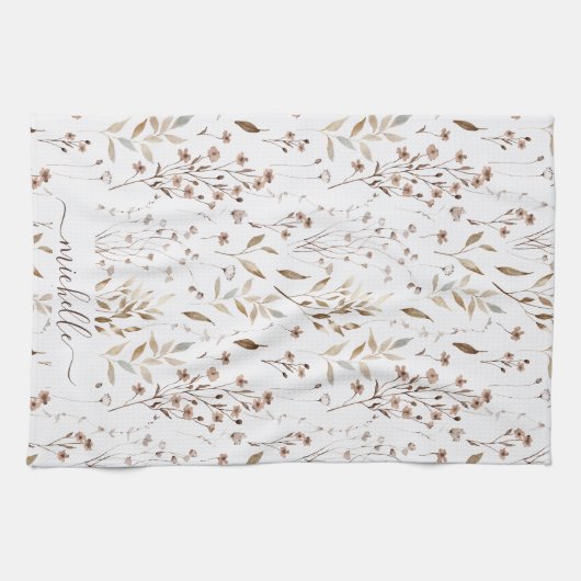 Monogram Rustic Elegant Brown Wildblumen Blätter Geschirrtuch (Horizontal)