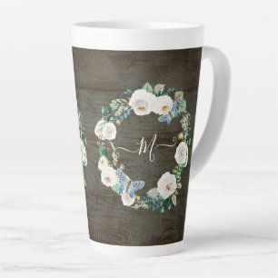 Monogram Rustic Floral Butterfly Watercolor Wood Milchtasse
