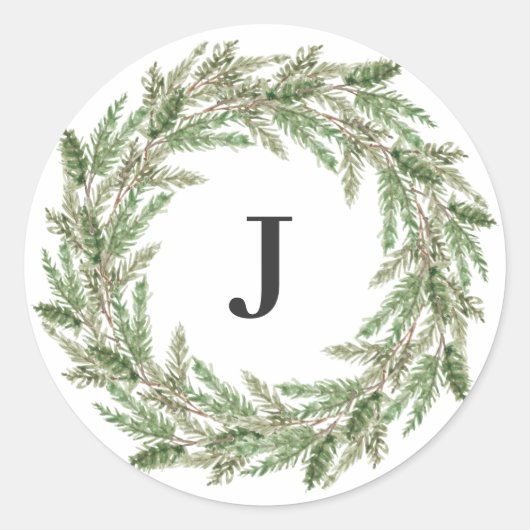 Monogram Rustic Greenerity Pine Wreath Holiday Runder Aufkleber (Vorderseite)