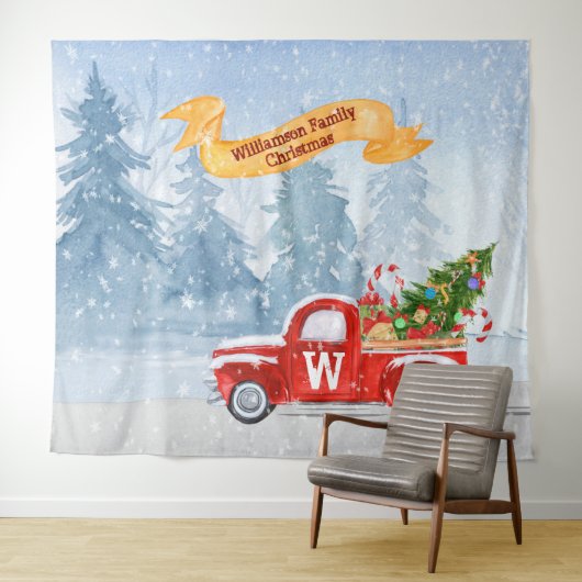 Monogram Rustic Red Christmas Truck Schnee Hinterg Wandteppich (Beispiel (Horizontal))