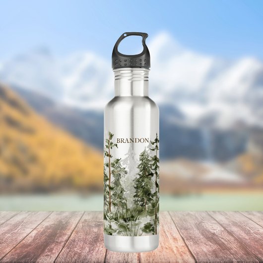 Monogram Rustic Watercolor Green Forest Edelstahlflasche