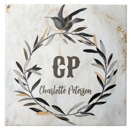 Monogram Rustic White Marble Bird Wreath Custom Fliese (Vorderseite)