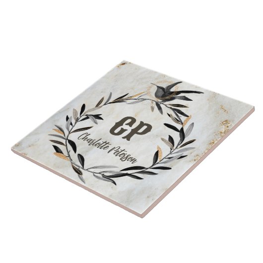 Monogram Rustic White Marble Bird Wreath Custom Fliese (Seite)