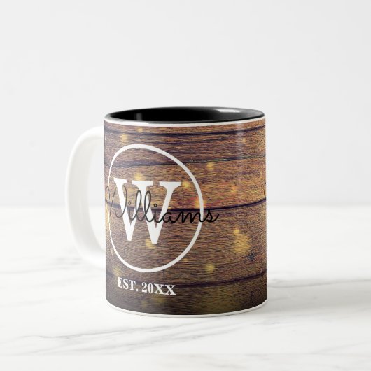 Monogram Rustic Wood Elegant Script Personalisiert Zweifarbige Tasse (Vorderseite Links)