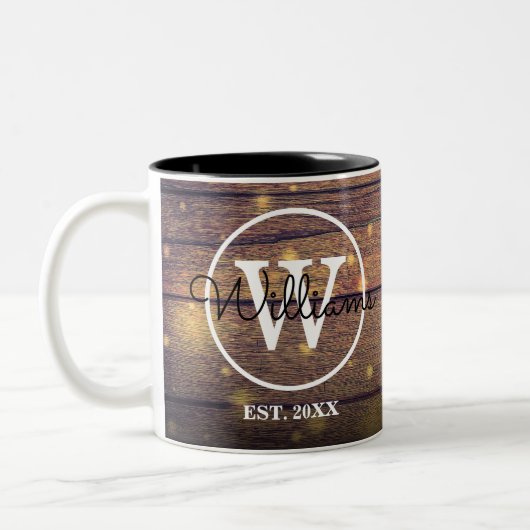 Monogram Rustic Wood Elegant Script Personalisiert Zweifarbige Tasse (Links)