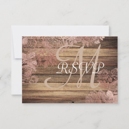 Monogram Rustic Wood Rose Lace Wedding RSVP Karte (Vorderseite)