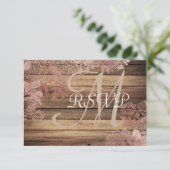 Monogram Rustic Wood Rose Lace Wedding RSVP Karte (Stehend Vorderseite)
