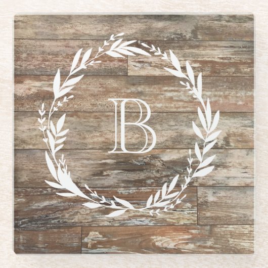 Monogram Rustic Wood Style Stone Untersetzer (Vorderseite)