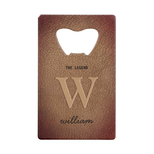 Monogram rustikal braunes Leder Stilschrift Name Geldbeutel Flaschenöffner (Vorderseite)