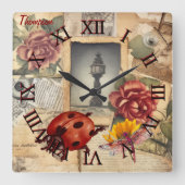Monogram, rustikal, floral und Libelle Quadratische Wanduhr (Vorderseite)