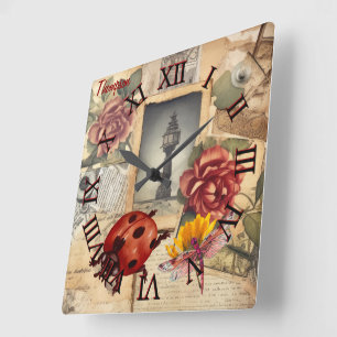 Monogram, rustikal, floral und Libelle Quadratische Wanduhr
