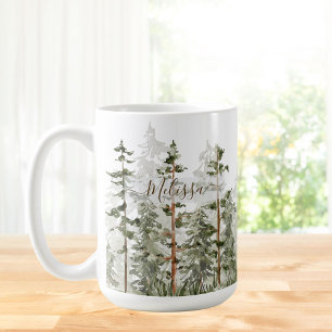 Monogram Rustikal Wasserfarbe Grüner Wald Kaffeetasse