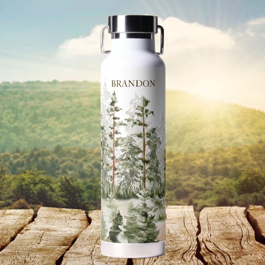 Monogram Rustikal Wasserfarbe Grüner Wald Trinkflasche