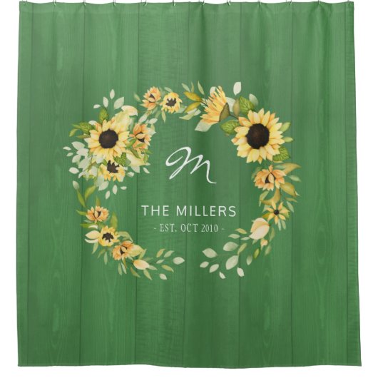 Monogram rustikale Bauernsonnenblumen grün Duschvorhang (Vorderseite)