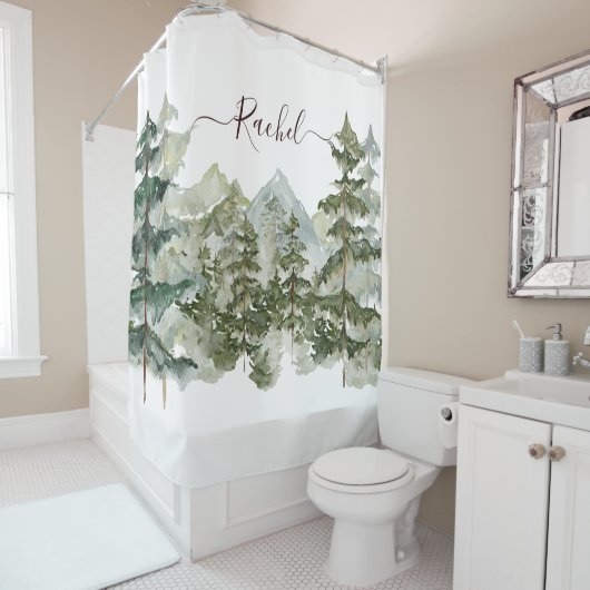 Monogram, Rustikaler Wasserfarbenwald und Gebirge Duschvorhang (Beispiel)