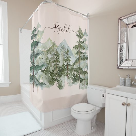Monogram, Rustikaler Wasserfarbenwald und Gebirge Duschvorhang (Beispiel)
