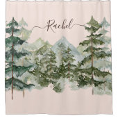 Monogram, Rustikaler Wasserfarbenwald und Gebirge Duschvorhang (Vorderseite)