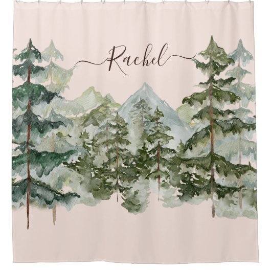 Monogram, Rustikaler Wasserfarbenwald und Gebirge Duschvorhang (Vorderseite)