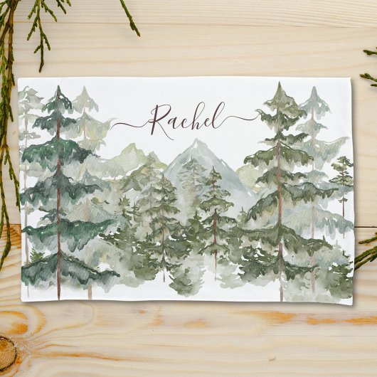 Monogram, Rustikaler Wasserfarbenwald und Gebirge Kissenbezug