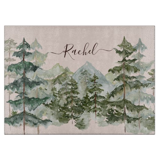 Monogram, Rustikaler Wasserfarbenwald und Gebirge Schneidebrett (Vorderseite)
