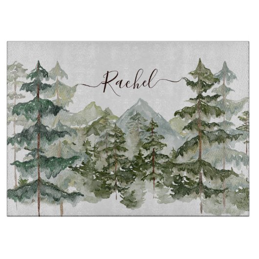 Monogram, Rustikaler Wasserfarbenwald und Gebirge Schneidebrett (Vorderseite)