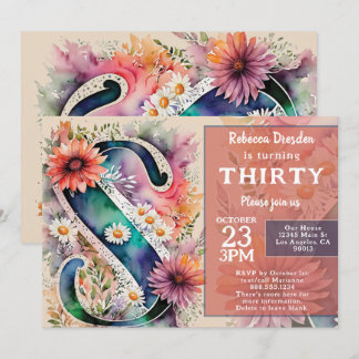 Monogram S Colorful Watercolor Flowers Birthday  Einladung