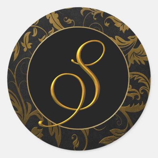 Monogram S Gold and Black Damask Wedding Siegel Runder Aufkleber (Vorderseite)