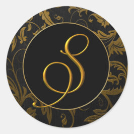 Monogram S Gold and Black Damask Wedding Siegel Runder Aufkleber
