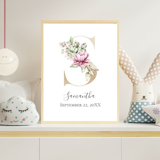 Monogram S Pink White Floral Gold Letter Kinderzim Poster