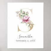 Monogram S Pink White Floral Gold Letter Kinderzim Poster (Vorne)