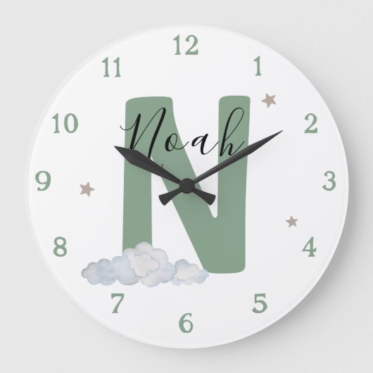 Monogram Sage Baby Initial Name Nursery Wall Clock Große Wanduhr (Vorderseite)