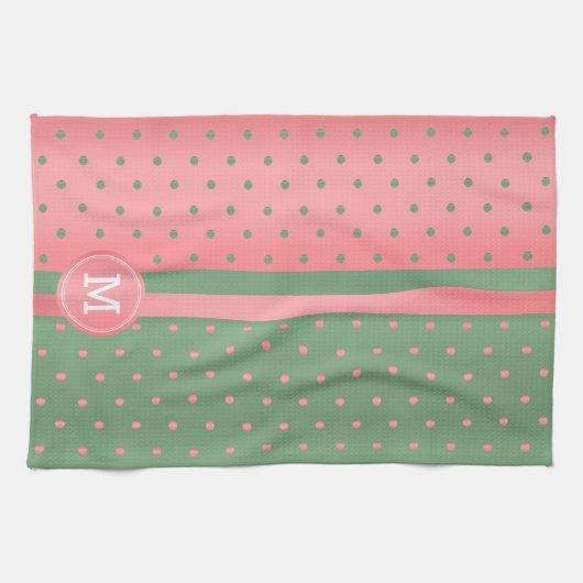 Monogram Sage Green and Coral Polka Dot Handtuch (Horizontal)