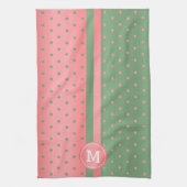 Monogram Sage Green and Coral Polka Dot Handtuch (Vertikal)