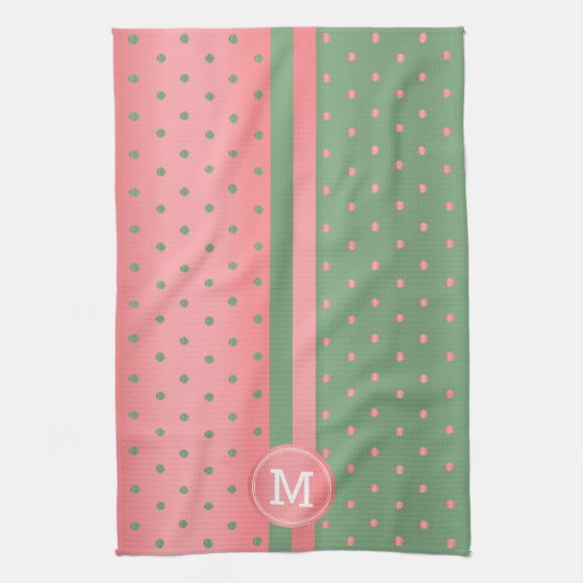 Monogram Sage Green and Coral Polka Dot Handtuch (Vertikal)