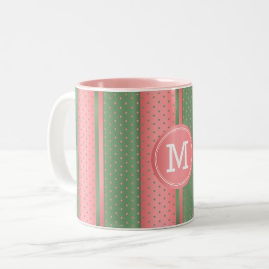 Monogram Sage Green and Coral Polka Dots Zweifarbige Tasse (Vorderseite Links)