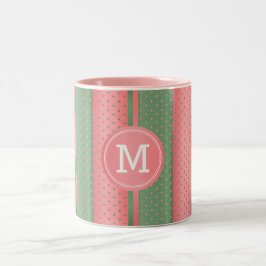 Monogram Sage Green and Coral Polka Dots Zweifarbige Tasse
