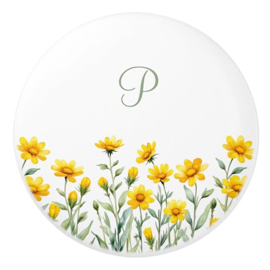 Monogram Sage Green and Yellow Wild Blume Keramikknauf (Vorderseite)
