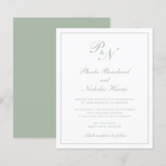 Monogram Sage Green Budget Hochzeitseinladung (Vorne/Hinten)